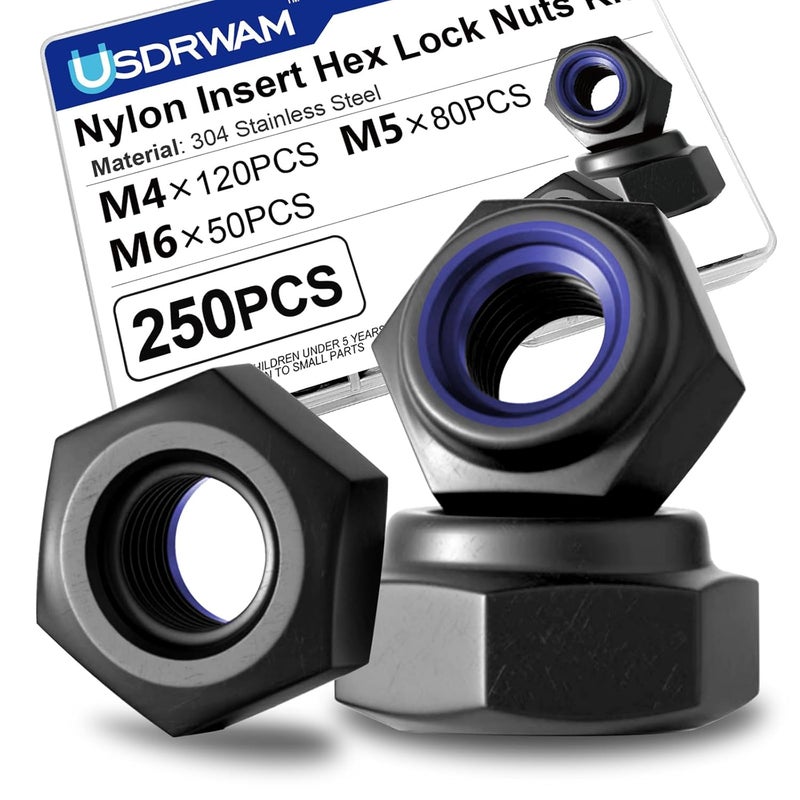 Usdrwam 250 Pcs Lock Nuts Assortment Kit M4 M5 M6, 304 Stainless Steel Black PVD Coated Nylon Insert Hex Nuts - Image 1